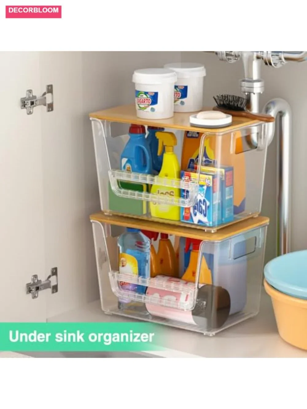 2 Pack Pantry Organizers Clear Onion Storage Bins with Bamboo Lids Stackable